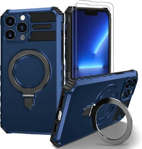 Vista 13 de Funda magnética para iPhone 11 [compatible con MagSafe] con 2 protectores de pantalla de vidrio templado con soporte de anillo, grado militar Azul