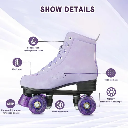 Vista 5 de YYW Patines de ruedas para mujeres y niñas, zapatos de tacón alto, patines de dos filas, brillantes, de cuatro ruedas, unisex, de piel sintética