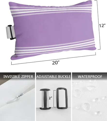 Vista 3 de Almohadas reclinables para la cabeza con inserto, almohada lumbar de rayas moradas y blancas con correa ajustable, almohadas de patio impermeables