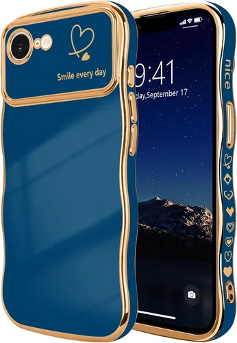 Vista 117 de LCHULLE - Funda para iPhone Air, linda para mujeres y niñas, con forma de onda, color azul bebé Luxury Plating Curly Wavy Frame with Love Heart