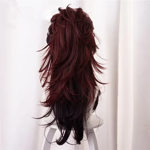 Vista 3 de Peluca larga de anime Kamado Tanjirou para mujer, Kimetsu no Yaiba Demon vSlayer, disfraz de cosplay para hombres y mujeres con gorra de peluca