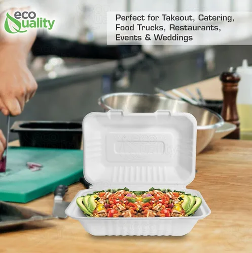 Vista 7 de Recipientes de alimentos rectangulares compostables con bisagras para llevar 9x6x3,Contenedores desechables para llevar, contenedores desechables