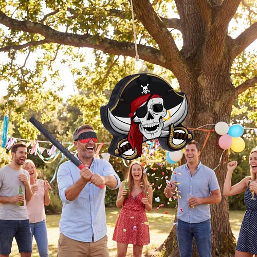 Vista 6 de Paquete de piñata pirata, juego de fiesta pirata, incluye máscara de capitán Piñata Bat Stick para fiesta de cumpleaños, aventura náutica