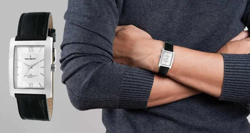 Vista 2 de Peugeot Reloj de pulsera para hombre con esfera de números romanos con textura rectangular y correa de cuero