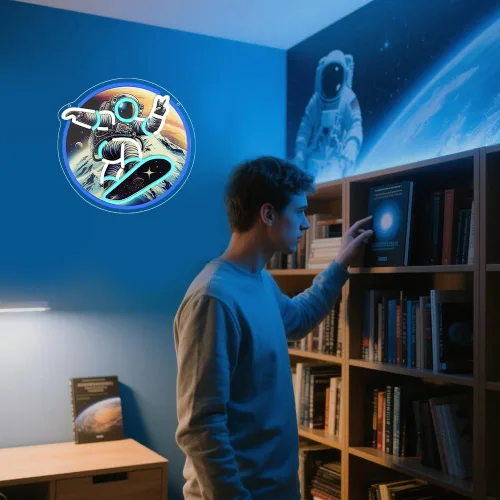Vista 8 de Monopatín de astronauta, letrero de neón con impresión UV, letrero acrílico para decoración de pared, luz de neón para dormitorio, bar, cafetería