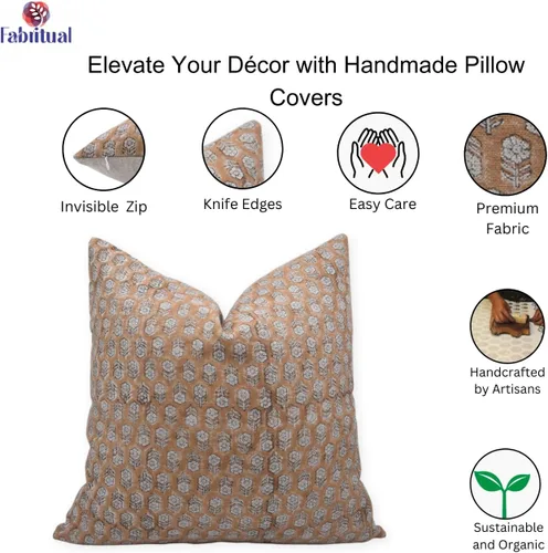 Vista 3 de Fundas de almohada de lino grueso con estampado de bloques, 14x14 pulgadas, fundas de almohada vintage hechas a mano para sofá y sofá, funda