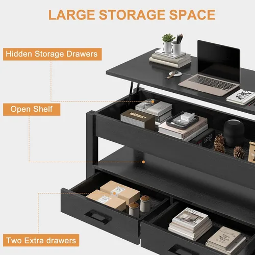 Vista 7 de FABATO Mesa auxiliar elevable de 41.7 pulgadas con 2 cajones de almacenamiento con compartimento oculto, estante de almacenamiento abierto para sala