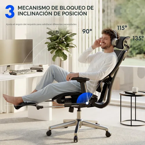 Vista 6 de FLEXISPOT ErgoX - Silla de oficina ergonómica premium con reposapiés, reposabrazos 3D ajustables, soporte lumbar dinámico, función de reclinación e