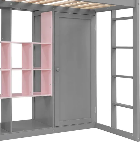 Vista 8 de Merax Cama tipo loft de madera con armario, estantes y gabinete, tamaño individual, gris+rosa