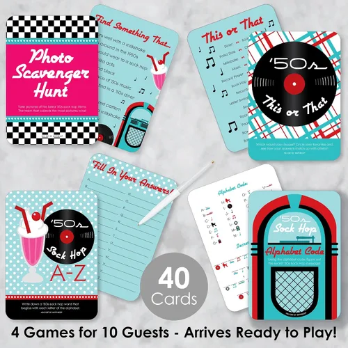 Vista 2 de Big Dot of Happiness 50's Sock Hop - 4 juegos de fiesta Rock N Roll de los años 50 - 10 cartas cada uno - Paquete Gamerific