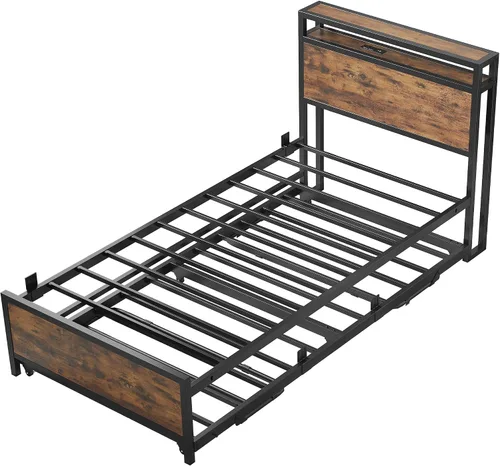 Vista 9 de IRONCK - Sofá cama doble con cama nido, cabecera de almacenamiento y estación de carga Sturdy Metal Twin Bed Frame, Space-Saving Pop Up Trundle