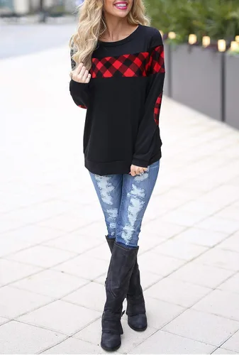 Vista 2 de Blooming Jelly - Sudadera con cuello redondo, para mujer, diseño a cuadros, colores en contraste