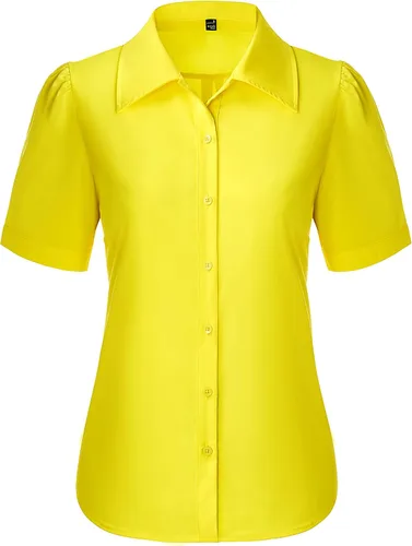 Vista 8 de Gleeivy Camisas de botones para mujer de manga corta abombada, camisas de vestir abotonadas con cuello ajustado, blusa superior de trabajo