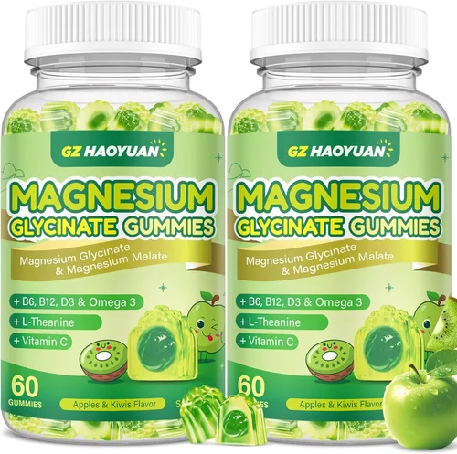 Vista 9 de Gomitas de glicinato de magnesio para niños y adultos, malato de magnesio sin azúcar con L-teanina, omega-3, vitamina D3, B6, B12, C - sueño, calma