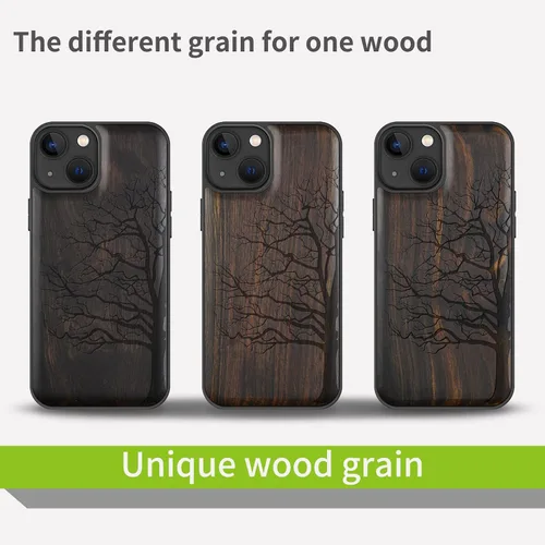 Vista 7 de Carveit Funda magnética de madera para iPhone 13 [madera real dura y TPU suave] Funda protectora híbrida de madera única y elegante a prueba