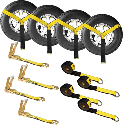 Vista 12 de Mega Cargo Control Juego de 4 correas de lazo de anillo D de elevación de rueda de 2 pulgadas x 10 pies con (4) trinquetes de 2 pulgadas, (4)
