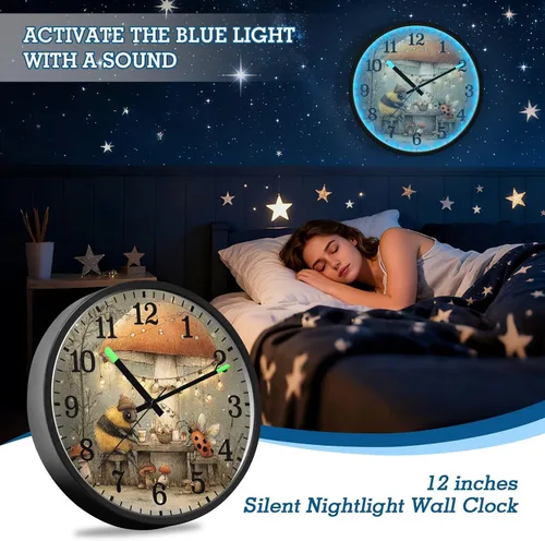 Vista 7 de Luminous Voice-Activated Clock Non-Ticking Silent Battery Operated Small Analog Clock Retro Bees 12 Inch for Office, Home, Bathroom, Kitchen