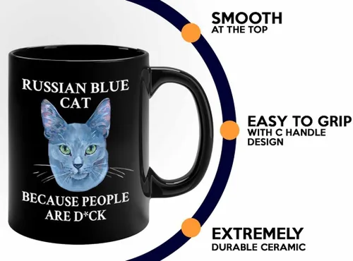 Vista 4 de Taza de café para amantes de los gatos, 11 onzas, color negro, gato azul ruso, regalo para amantes de los animales, regalo para propietario