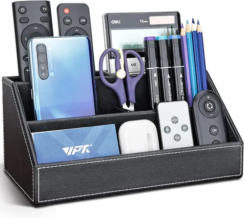 Vista 9 de KINGFOM™ Caja de almacenamiento y organizador de papelería multifunción para escritorio; estructura de madera y piel para la oficina del hogar; Negro