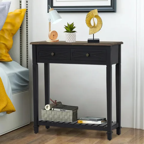 Vista 7 de KINTNESS Mesa de entrada, mesa consola estrecha con 2 cajones, mesa auxiliar de sofá con estantes para sala de estar, pasillo, color negro