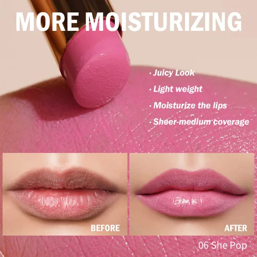 Vista 3 de Oulac Lápiz Labial Rosa Hidratante con Brillo - Lápiz Labial Hidratante Bálsamo Labial Tintado Brillante, Acabado Brillante Transparente Jugoso