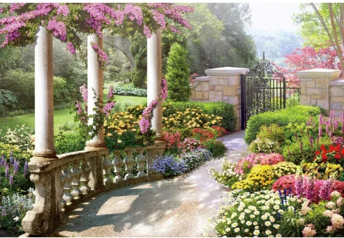 Vista 5 de Telón de fondo de 5 x 3 pies para fotografía de jardín primaveral hermoso, arquitectura vintage de jardín, pilares, flores en flor, fondo