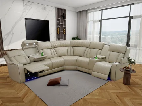 Vista 21 de Juego de sofá de cuero transpirable con puerto USB, 5 sofás seccionales reclinables en forma de L y 2 sillas, juego de sofá seccional reclinable