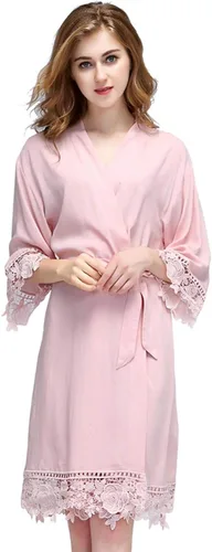 Vista 2 de Batas de algodón de encaje rosa para mujer preparándose para la novia y damas de honor