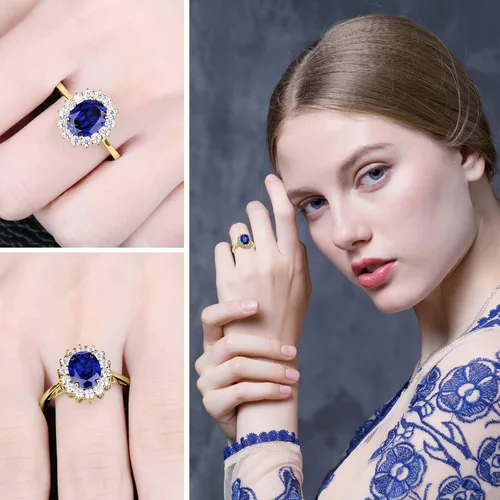 Vista 5 de JewelryPalace Anillos de compromiso y aniversario estilo princesa Diana, Kate Middleton, piedra natal de zafiro y halo, 14 quilates, chapado en oro