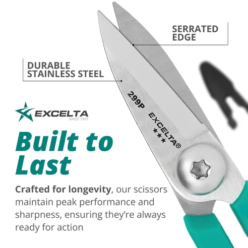 Vista 7 de Excelta Tijeras de corte Kevlar, cuchillas de acero inoxidable de 5.5 pulgadas, longitud de hoja recta de 1.75 pulgadas, borde dentado, asas