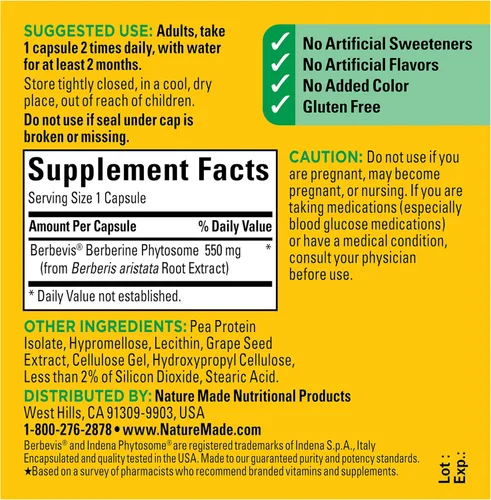 Vista 6 de Nature Made Cápsulas de fitosoma de berberina de mejor absorción, 1100 mg por 2 cápsulas diarias, suplemento de berberina para apoyo a la salud