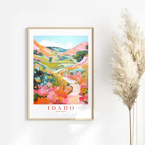 Vista 6 de ColorAndFlair Idaho Travel Print Gem State Souvenir ID Nature Pink Orange Teal Wall Art Mountains Landscape Retro Poster (8x10 inches)