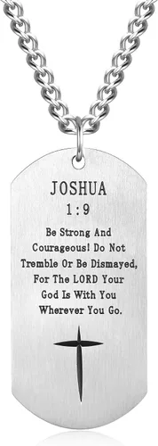 Vista 3 de VI.SPORT Joshua - Collar de cruz para perro con cruz 19, colgante de crucifijo de acero inoxidable, joyería cristiana Be Strong and Courageous