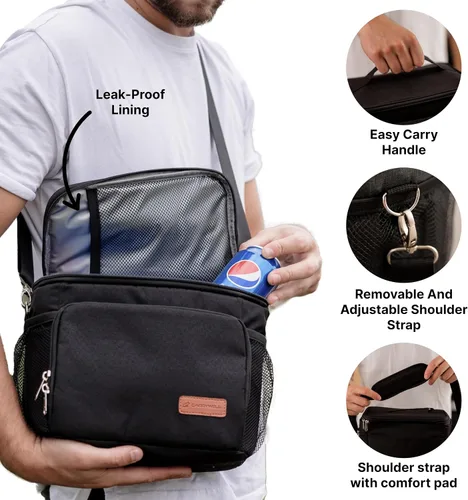 Vista 4 de Carrywell Lonchera aislada (no fabricada en China) para hombres, lonchera para hombre, a prueba de fugas, plegable, enfriador de lados suaves