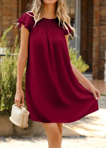 Vista 5 de KIRUNDO Vestido casual de verano 2024 para mujer, manga casquillo con volantes, cuello redondo, corto, liso, holgado, de gasa, vestido recto