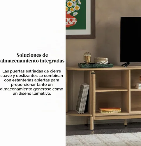 Vista 3 de Walker Edison Chloe - Soporte de TV curvo con junco, puertas correderas, 75 pulgadas, 70 pulgadas, roble costero