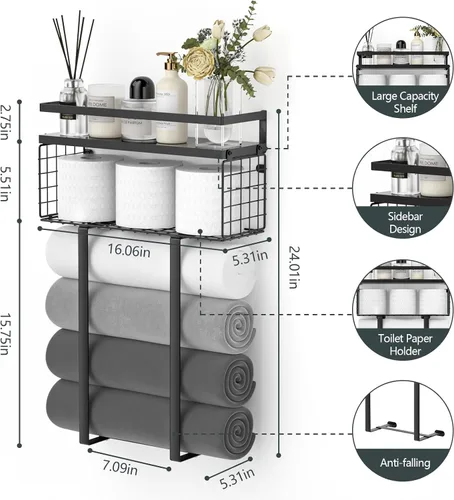 Vista 3 de Xstydes Toalleros para baño, toallero de metal con cesta de almacenamiento, toallero de pared para toallas enrolladas, almacenamiento de toallas