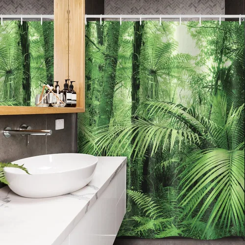 Vista 3 de Ambesonne Cortina de ducha, palmeras y plantas exóticas en selva tropical, ilustración temática de naturaleza salvaje, juego de decoración de baño