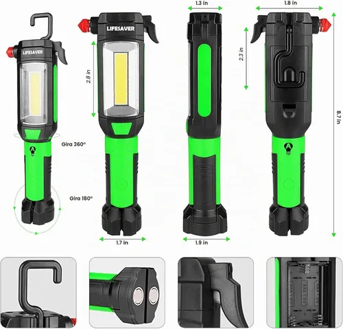Vista 5 de AlltroLite Herramienta automática de emergencia 9 en 1 con linterna LED Kit de linterna multifunción para coche con tres modos de iluminación