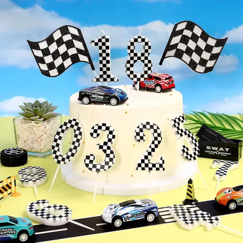 Vista 6 de Velas temáticas de autos de carreras para cumpleaños, velas numeradas número 0 a cuadros, decoración de pastel a cuadros en blanco y negro, adorno