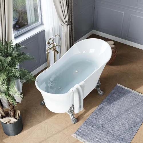 Vista 21 de 59 Inch Freestanding Bathtubs, White Acrylic Free Standing Bathtub, Modern Soaking Tub with Integrated Overflow & Chrome Drain for Bathroom Remodel