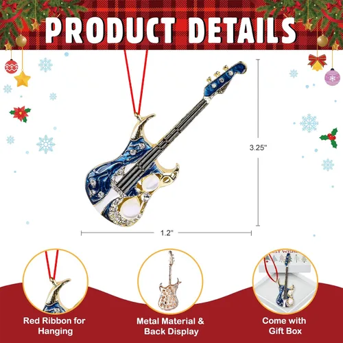 Vista 4 de D4DREAM Adorno de Navidad de guitarra, adornos colgantes de guitarra de metal para decoración de árbol de Navidad, guitarras eléctricas azules