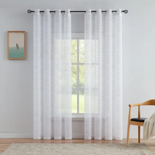 Vista 3 de Enactex Cortina transparente con bordado blanco con patrón de ondas beige de 63 pulgadas de longitud para sala de estar, diseño moderno, cortinas