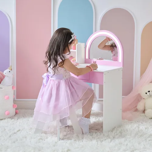 Vista 15 de Teamson Kids Juego de tocador de estrellas con luces LED para niñas, mesa de maquillaje rosa de 2 piezas para niños con espejo, 3 cajones