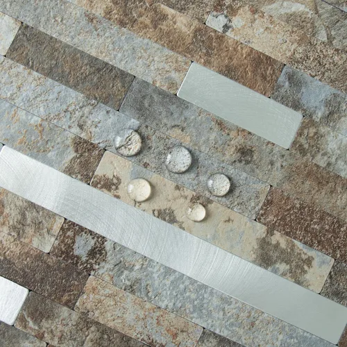 Vista 3 de AULIGET 20 hojas de pizarra beige y marrón para despegar y pegar, azulejos de pared de metal mixto de PVC plateado para salpicaduras para cocina