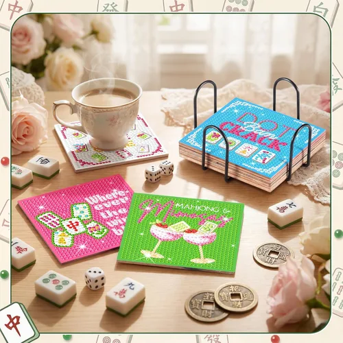 Vista 2 de Purpeak 8 posavasos de diamante Mahjong DIY pintura de diamantes posavasos arte Mah Jong posavasos con soporte para taza Mahjong mesa de bebidas