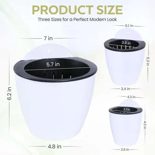 Vista 2 de Macetas de pared con autorriego, juego de 3 macetas colgantes blancas para interiores y exteriores con diseño de doble capa y respaldo plano