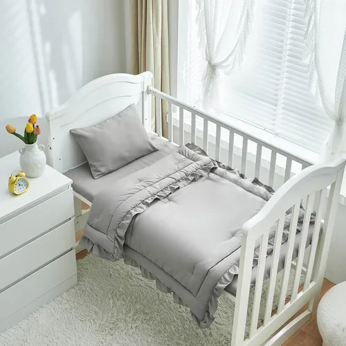 Vista 2 de Juego de ropa de cama de 3 piezas para cuna de bebé, edredón acolchado con volantes para bebé con sábana ajustable y funda de almohada - Ropa