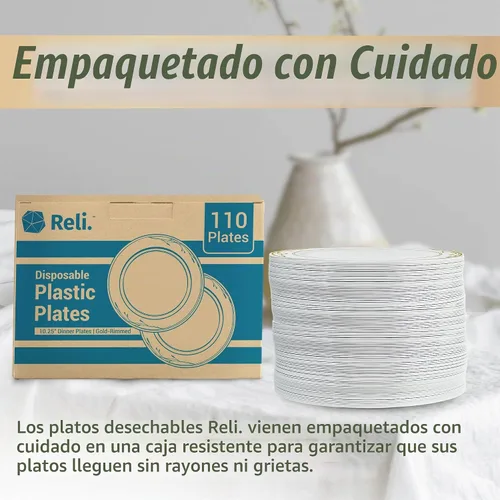 Vista 6 de Reli. Platos de plástico desechables, borde blanco y dorado