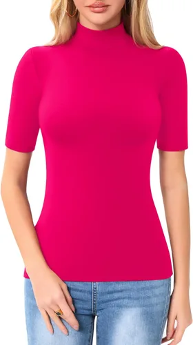 Vista 4 de MANGOPOP Camiseta de manga corta de 34 con cuello alto falso para mujer, corte ajustado, media codo
